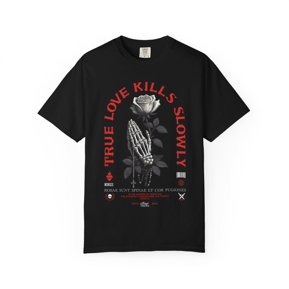 TRUE LOVE KILLS SLOWLY PRAYING HANDS & ROSE Mens ATOMYK Short Sleeve Tee