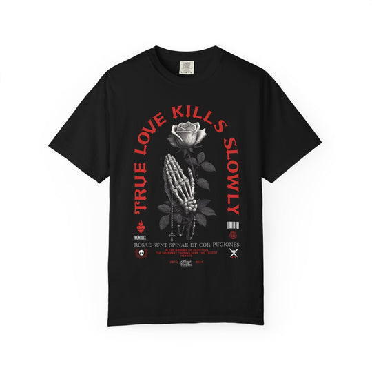 TRUE LOVE KILLS SLOWLY PRAYING HANDS & ROSE Mens ATOMYK Short Sleeve Tee