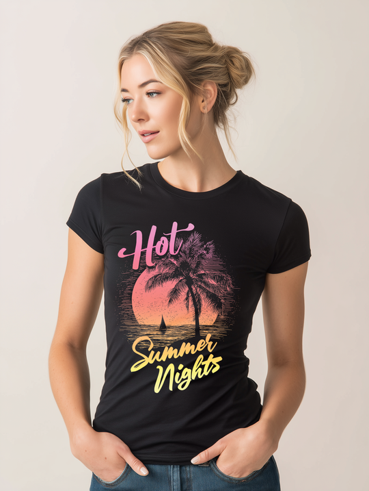 Hot Summer Nights Sun Surf Womens L'Atomique Next Level Graphic Tee