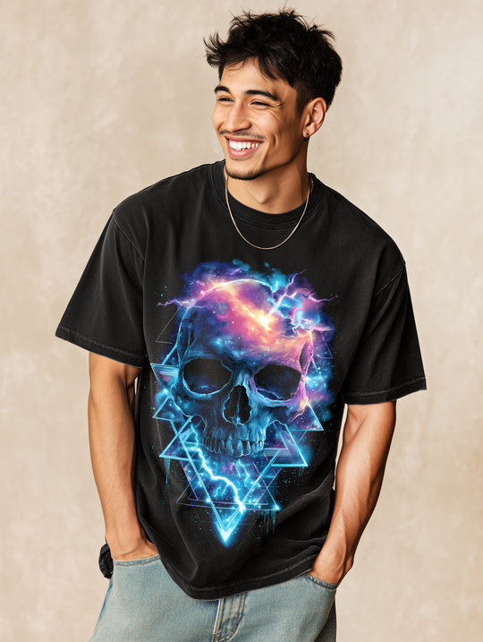 SKULL STORM Mens WUNDERLAND Geometric Skull With Lightning Short Sleeve Tee
