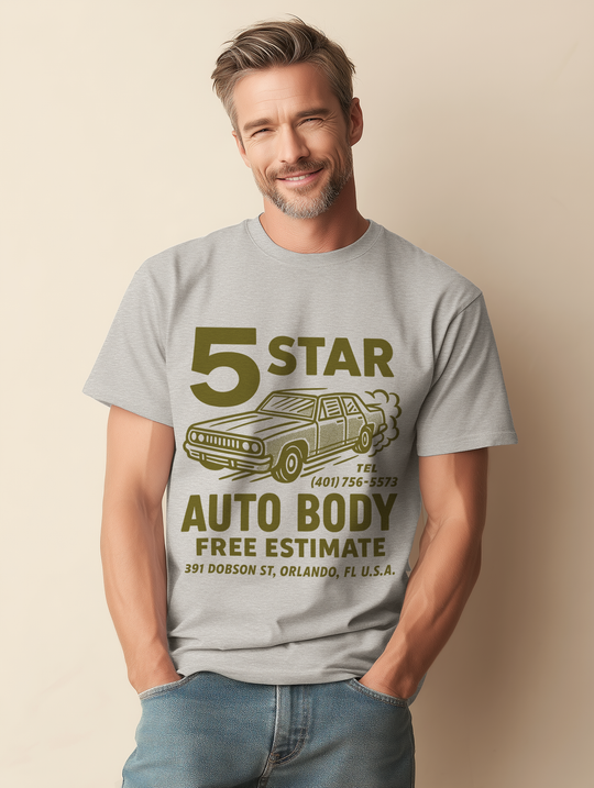 5 STAR AUTO BODY Mens Vintage WUNDERLAND Mechanic Graphic Tee