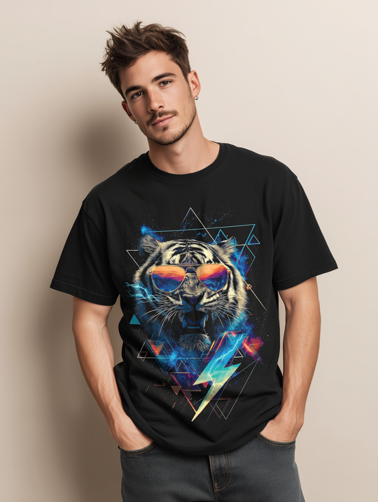 TIGER GEO STORM Mens WUNDERLAND Geometric 80s Tiger With Sunglasses and Lightning Short Sleeve Tee