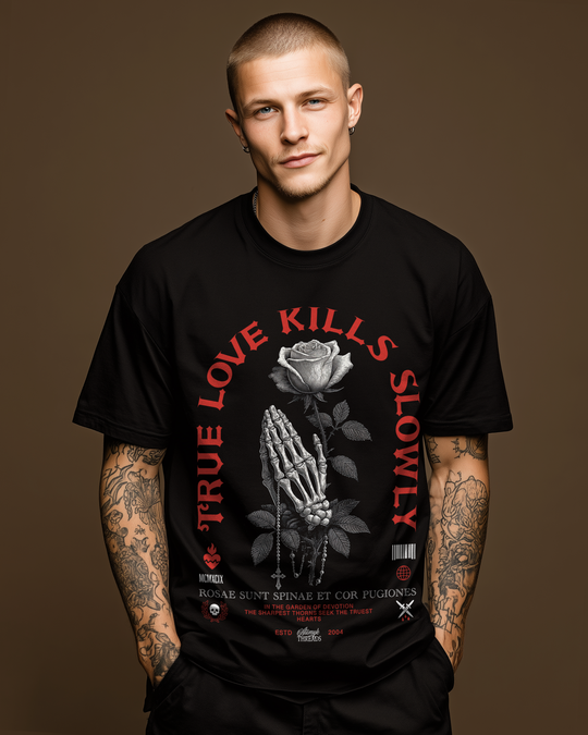 TRUE LOVE KILLS SLOWLY PRAYING HANDS & ROSE Mens ATOMYK Short Sleeve Tee