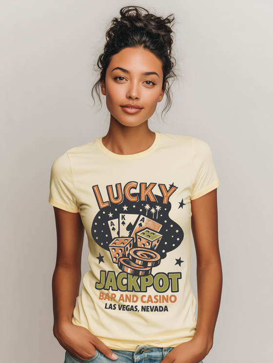 Lucky Jackpot Casino Las Vegas Womens L'Atomique Backyard Dept Boyfriend Graphic Tee