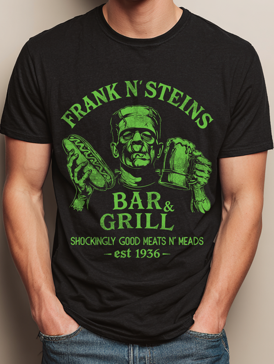 Frank N Steins Bar & Grill Mens WUNDERLAND Backyard Dept Halloween Booteek Short Sleeve Tee