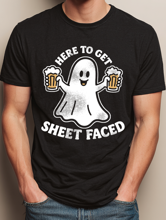 Here To Get Sheet Faced Mens WUNDERLAND Backyard Dept Halloween Booteek Short Sleeve Tee