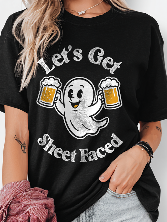 Let’s Get Sheet Faced Womens WUNDERLAND Backyard Dept Halloween Booteek Short Sleeve Tee