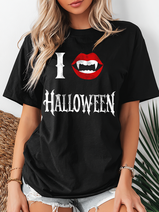 I Love Halloween Fangs Womens WUNDERLAND Backyard Dept Halloween Booteek Short Sleeve Tee