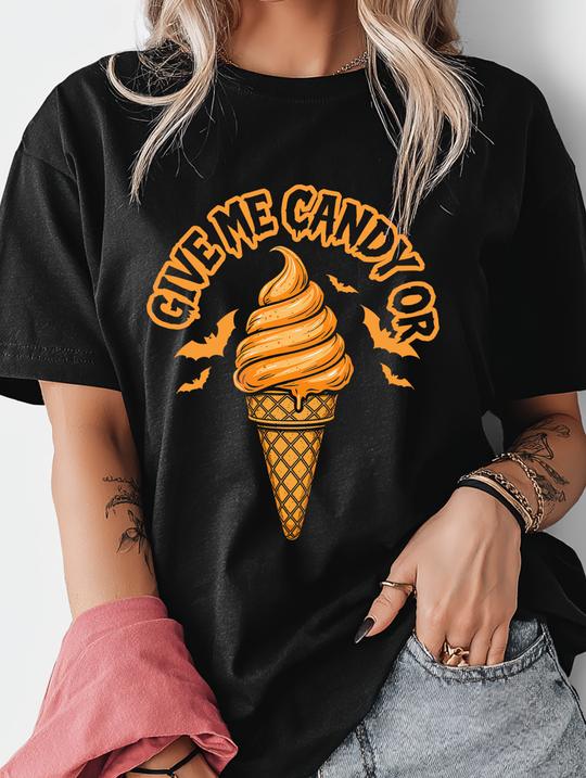 Give Me Candy Or I Scream Womens WUNDERLAND Backyard Dept Halloween Booteek Short Sleeve Tee
