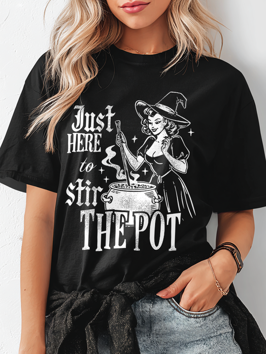 Just Here To Stir The Pot Witch Cauldron Womens WUNDERLAND Backyard Dept Halloween Booteek Short Sleeve Tee