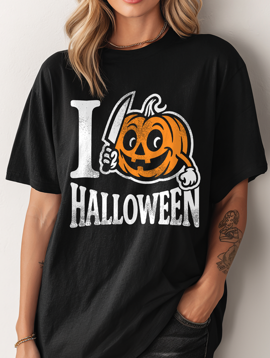 I Love Halloween Stabby Pumpkin Womens WUNDERLAND Backyard Dept Halloween Booteek Short Sleeve Tee
