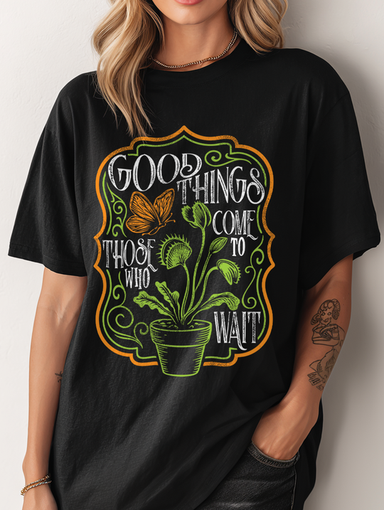 Good Things Come To Those Who Wait Womens WUNDERLAND Backyard Dept Halloween Booteek Short Sleeve Tee