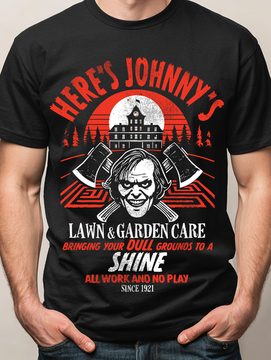 Here's Johnny's Garden & Lawn Care Mens WUNDERLAND Backyard Dept Halloween Booteek Short Sleeve Tee