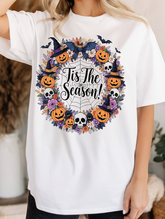 Tis The Season Spooky Wreath Womens WUNDERLAND Backyard Dept Halloween Booteek Short Sleeve Tee