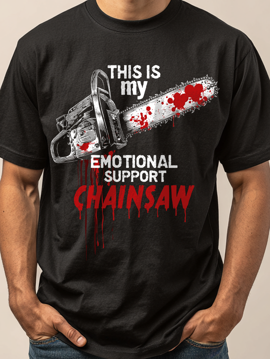 THIS MY EMOTIONAL SUPPORT CHAINSAW Mens WUNDERLAND Backyard Dept Halloween Booteek Short Sleeve Tee