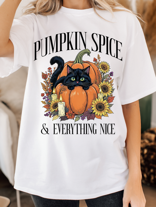 Pumpkin Spice & Everything Nice Foral Cat Womens WUNDERLAND Backyard Dept Halloween Booteek Short Sleeve Tee