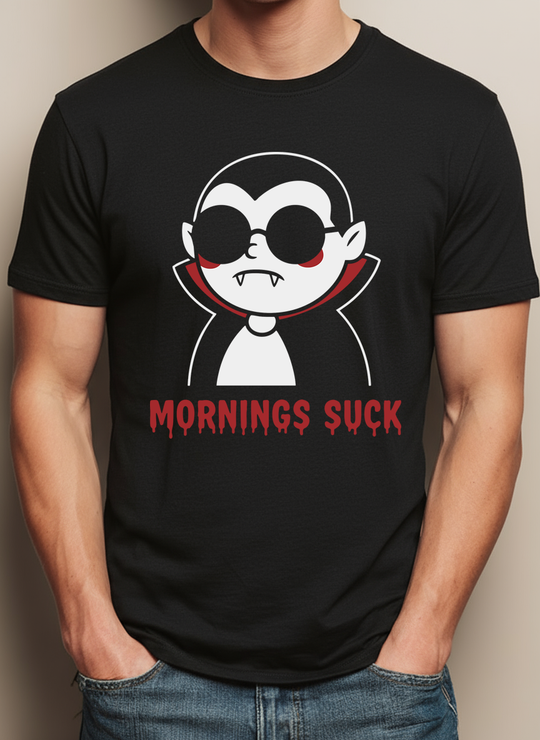 Mornings Suck Vampire Mens WUNDERLAND Backyard Dept Halloween Booteek Short Sleeve Tee