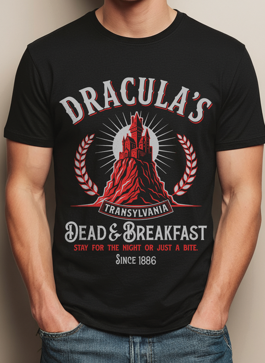 Dracula's Dead & Breakfast Mens WUNDERLAND Backyard Dept Halloween Booteek Short Sleeve Tee