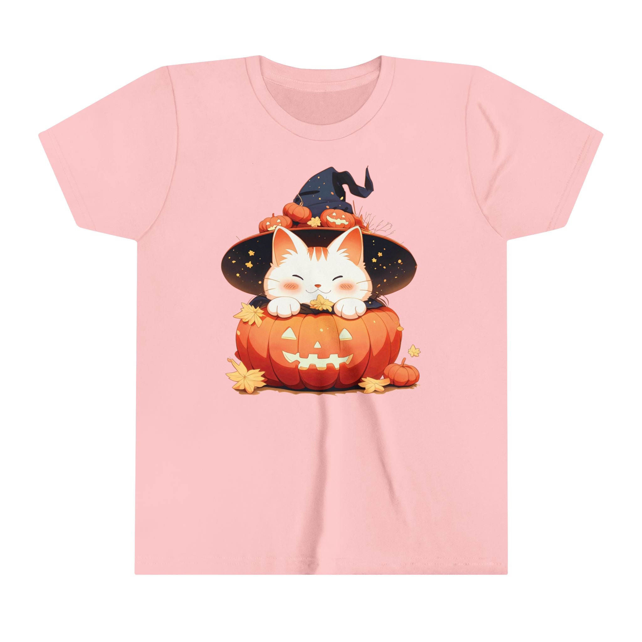 Cute Kitty Pumpkin Witch Girls Halloween Short Sleeve Tee