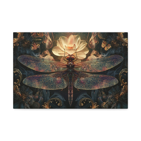 Dragonfly With Glowing Lotus &amp; Flora Canvas Wall Art