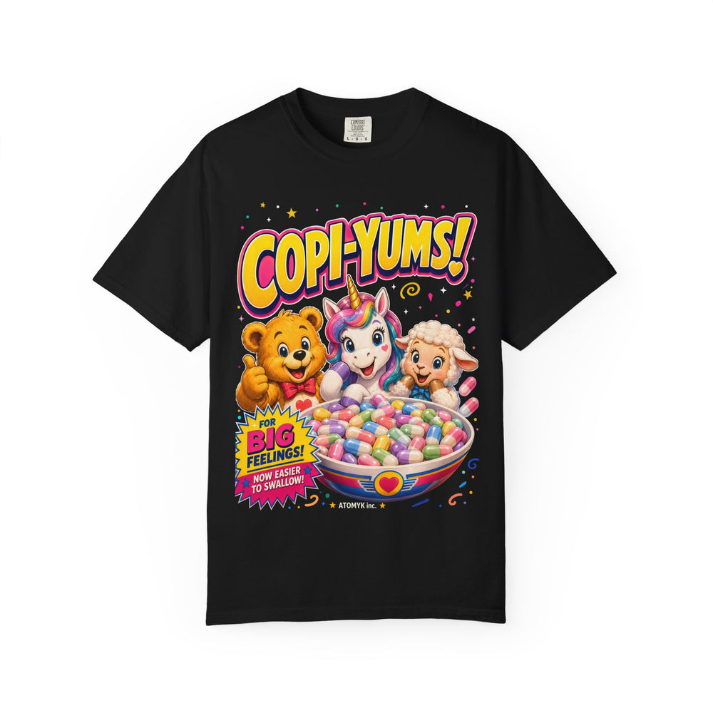 "Copi-Yums! For Big Feelings" Retro Cartoon Copium Mens ATOMYK Short Sleeve Tee