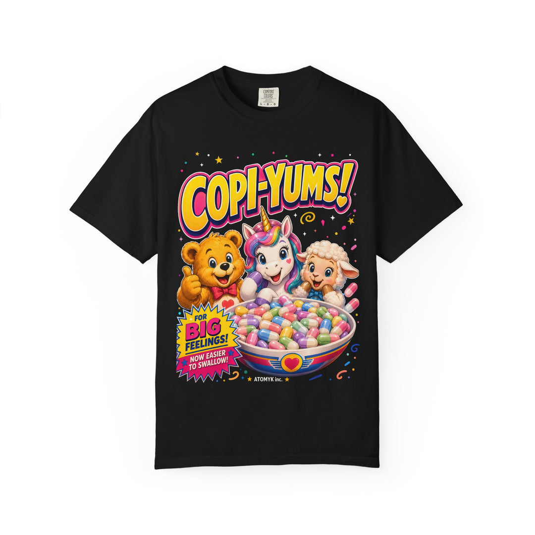 "Copi-Yums! For Big Feelings" Retro Cartoon Copium Mens ATOMYK Short Sleeve Tee