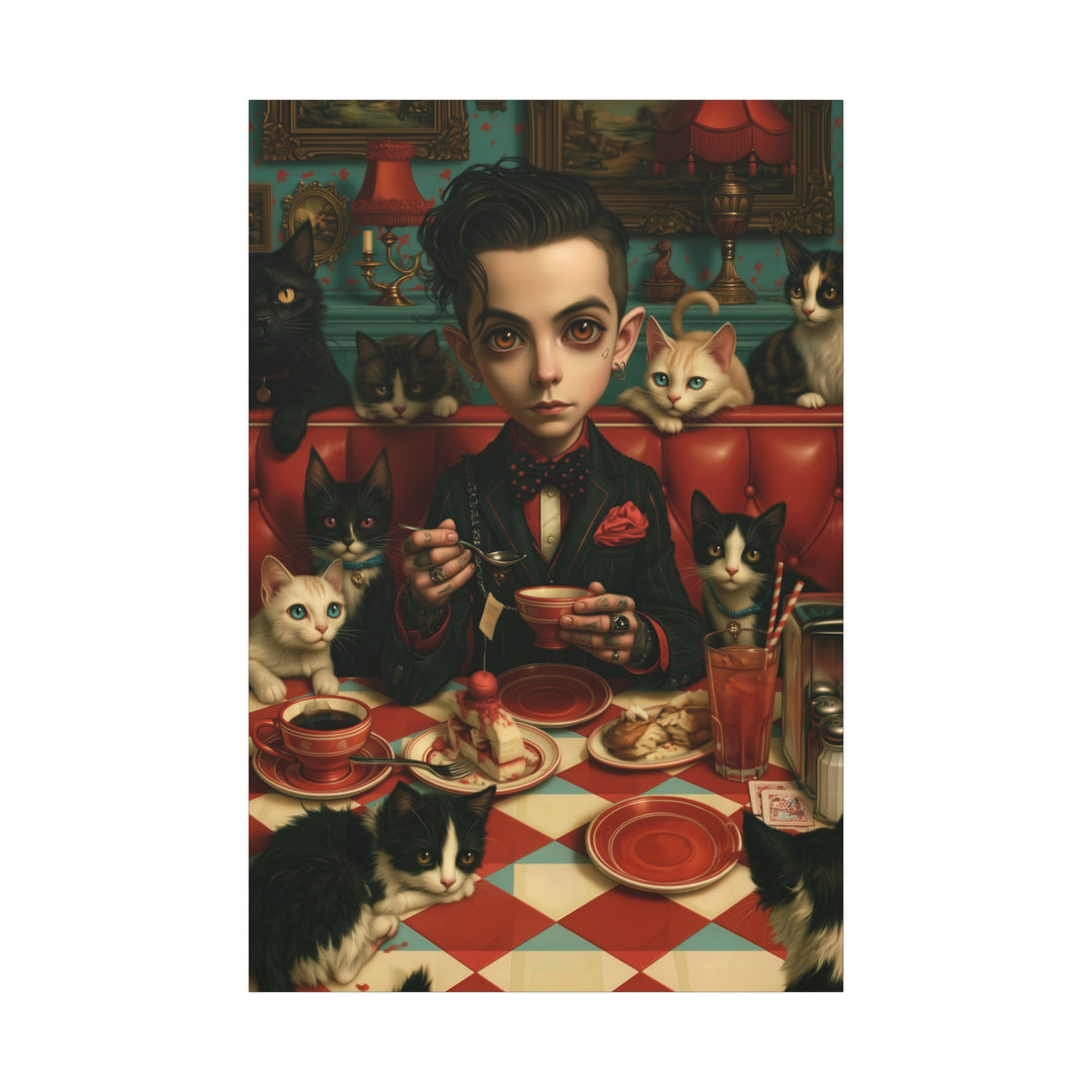 Gothic Boy with Cats Matte Stretched Canvas Wall Art