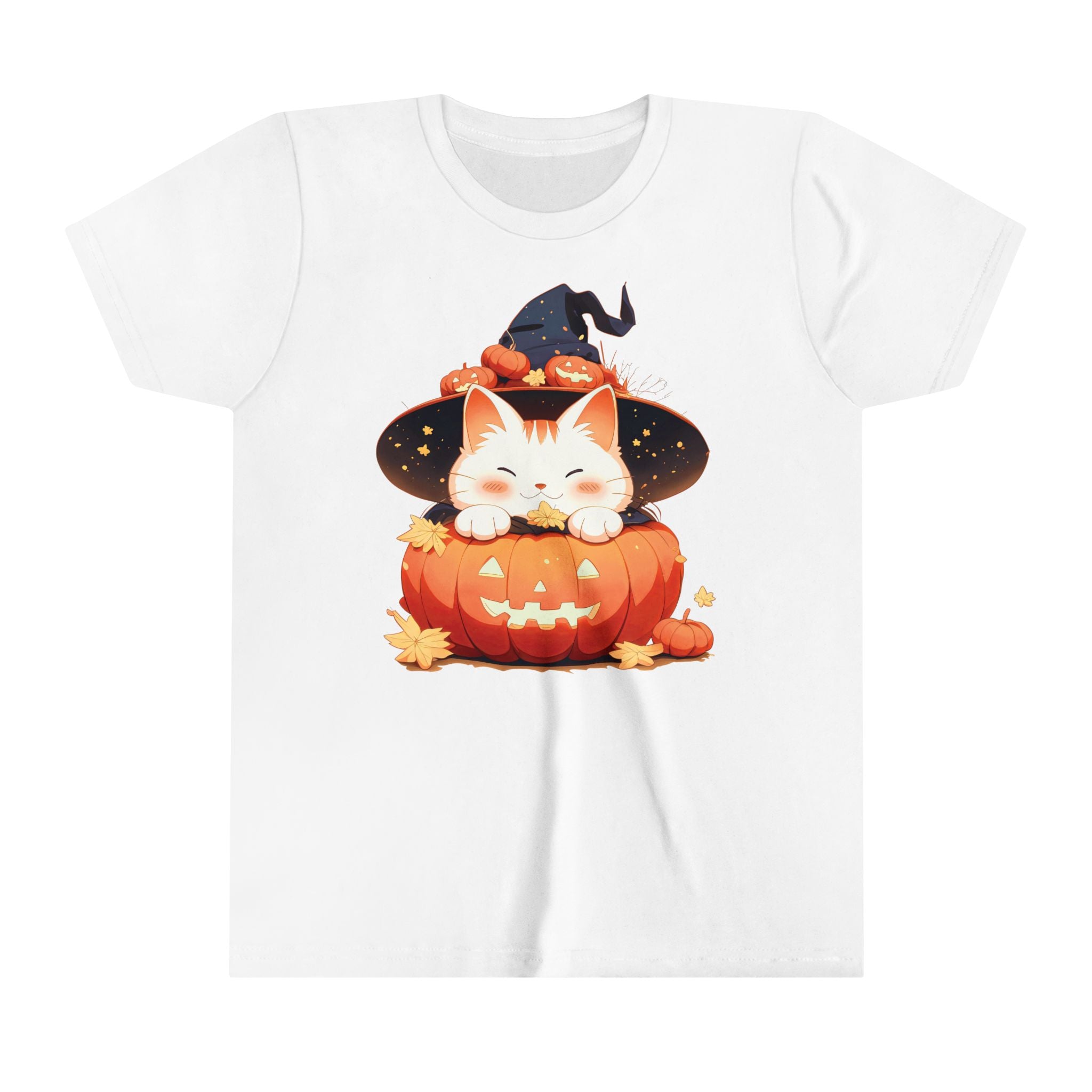 Cute Kitty Pumpkin Witch Girls Halloween Short Sleeve Tee