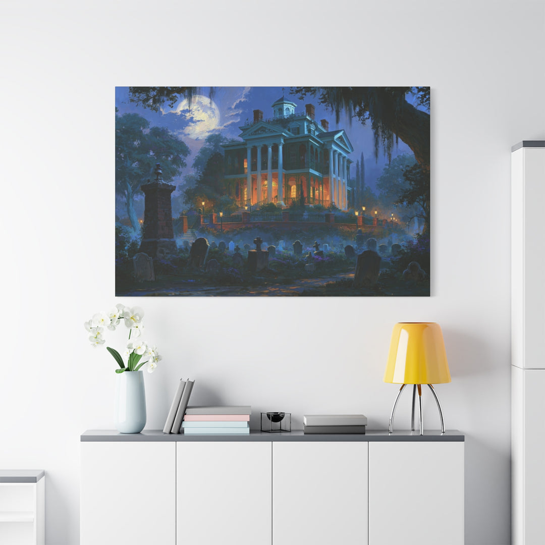 Haunted Southern Mansion Matte Canvas Wall Art — Spooky Night Cemetery Print Matte Stretched Canvas Wall Art