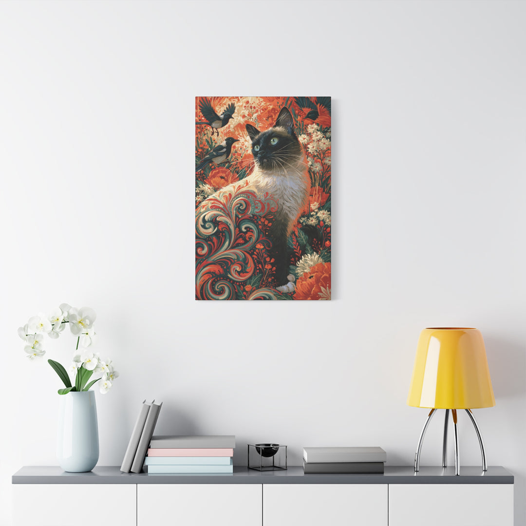 Vintage Siamese Cat in Floral Garden Canvas Wall Art
