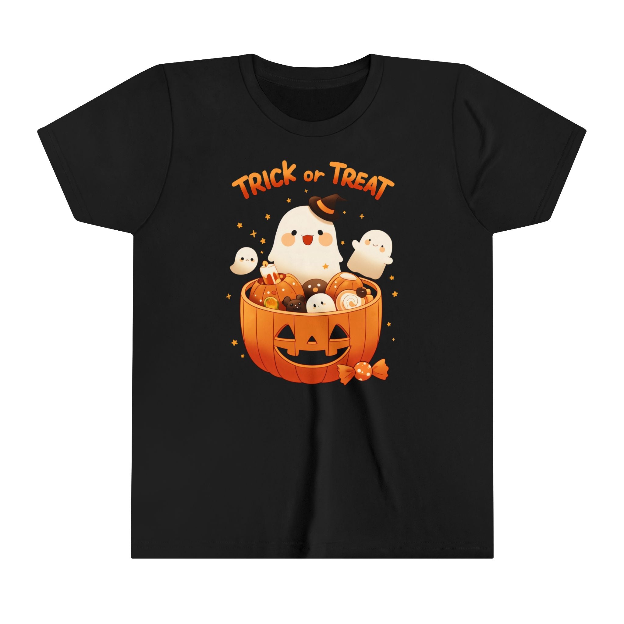 Trick or Treat Ghost Pumpkin Bucket Girls Halloween Short Sleeve Tee