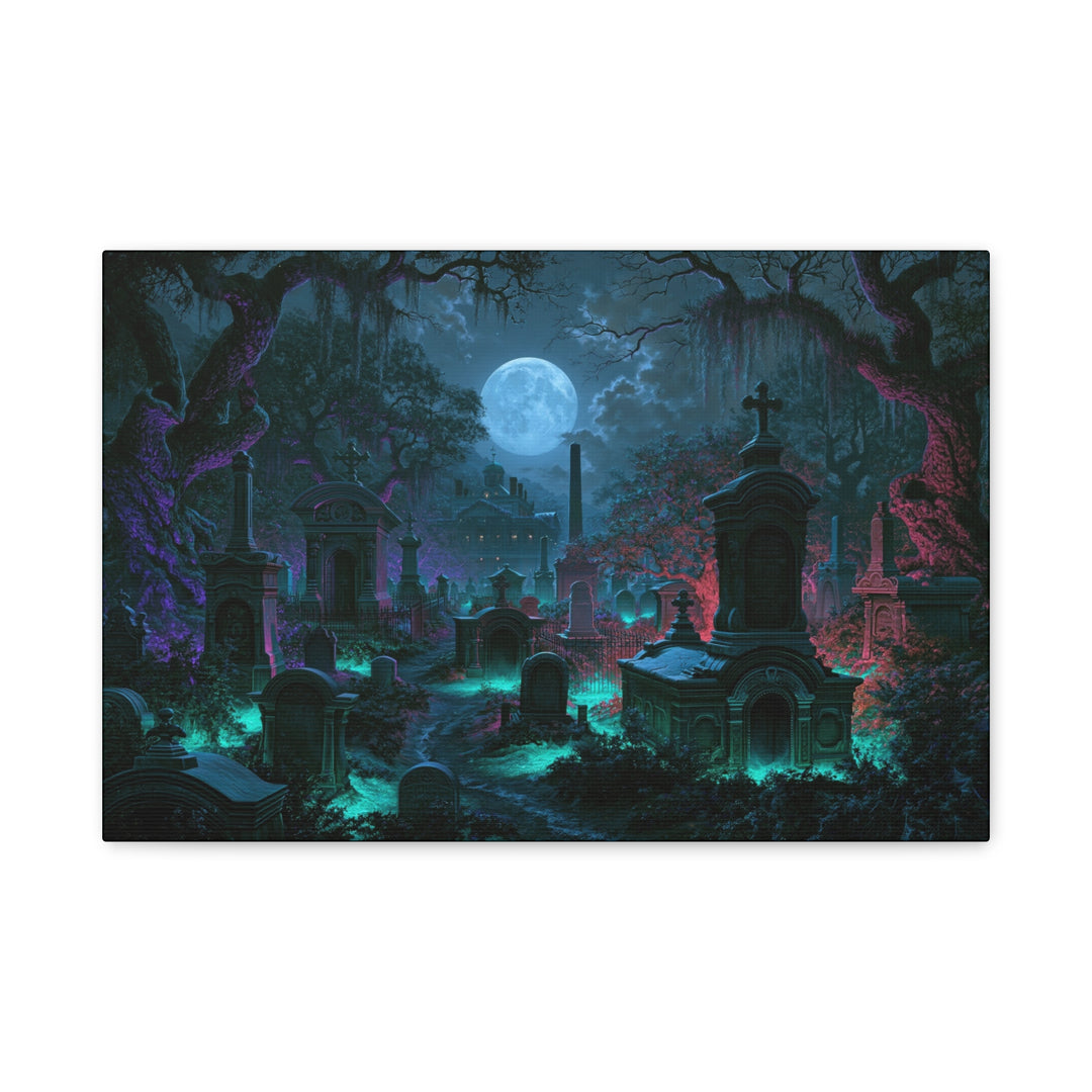 Haunted Crypts Spooky Night Cemetery Print Matte Stretched Canvas Wall Art