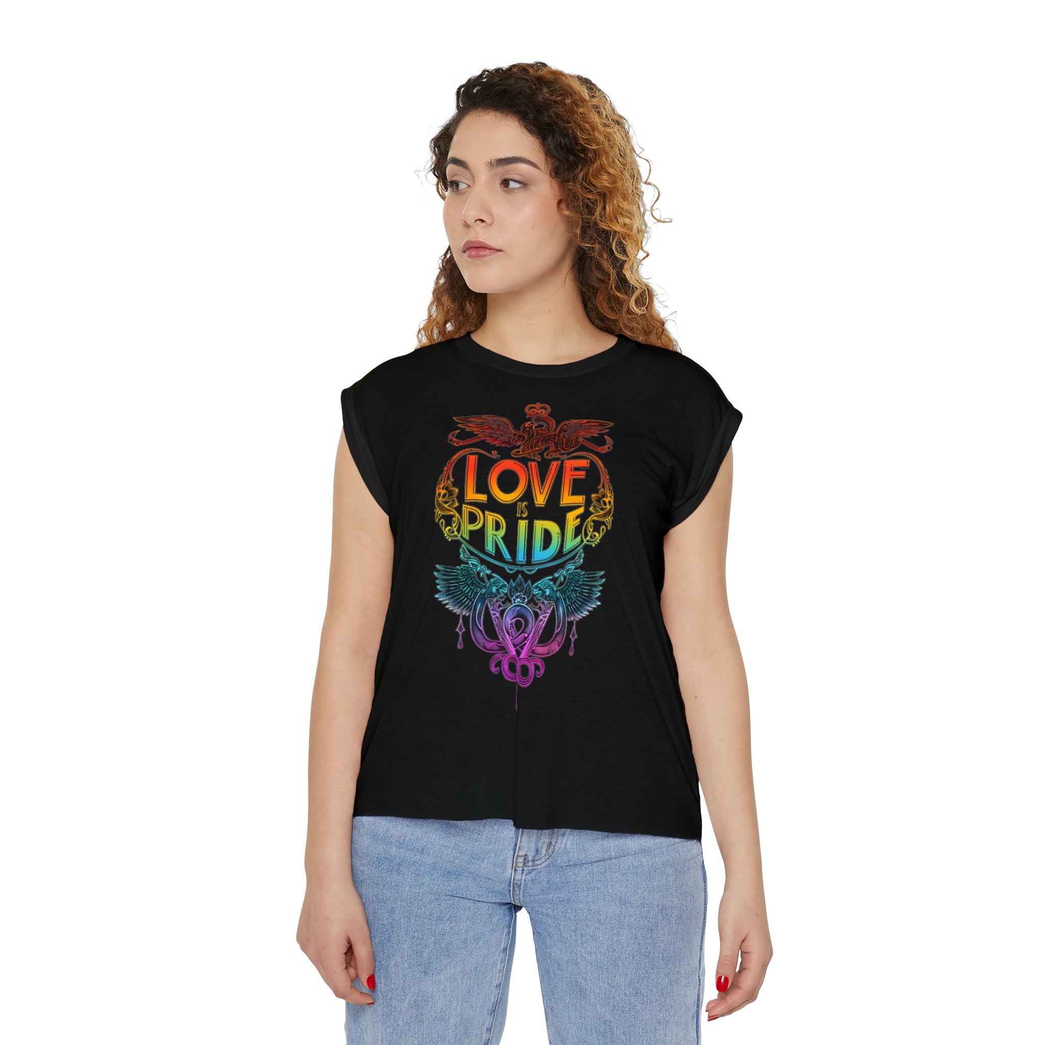 Love is Pride Womens Pride 24 Flowy Rolled Cuffs Muscle Tee