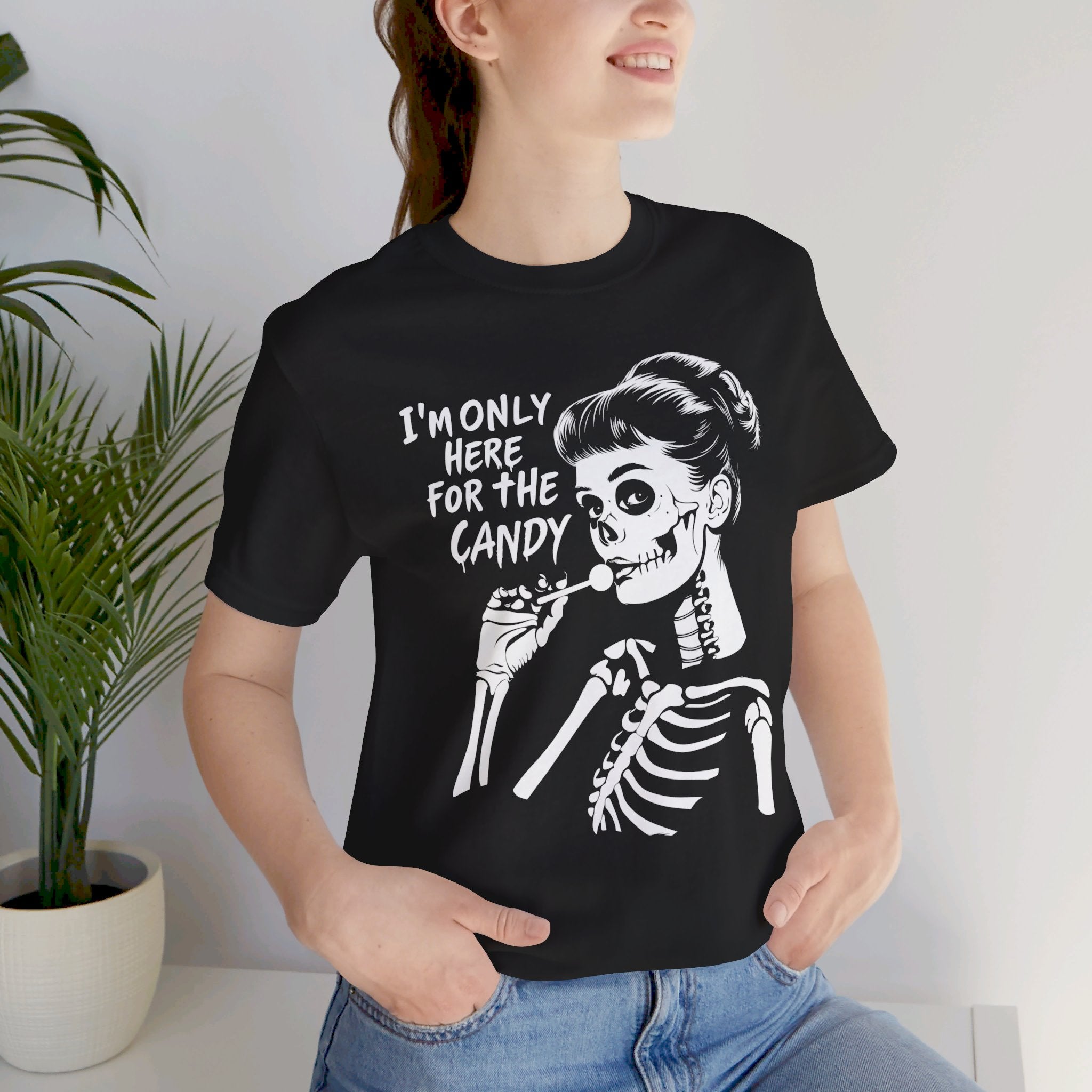 I’m Only Here For The Candy Womens Halloween Booteek Jersey Short Sleeve Tee