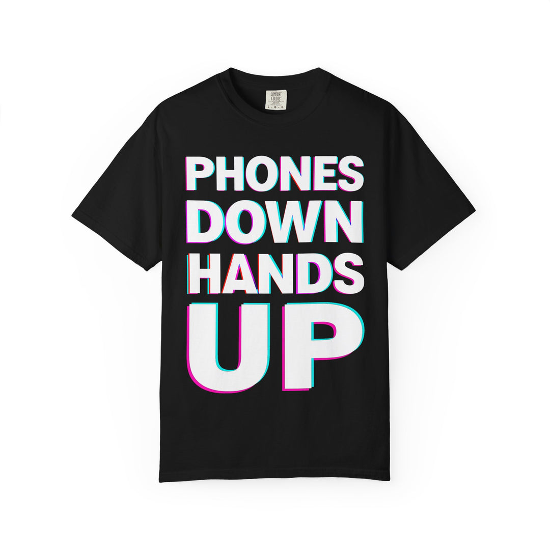 Phones Down Hands Up Mens ATOMYK Music Festival Short Sleeve Tee