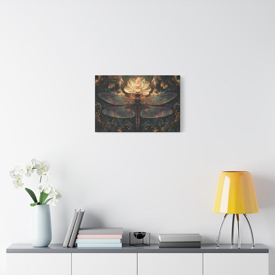 Dragonfly With Glowing Lotus &amp; Flora Canvas Wall Art