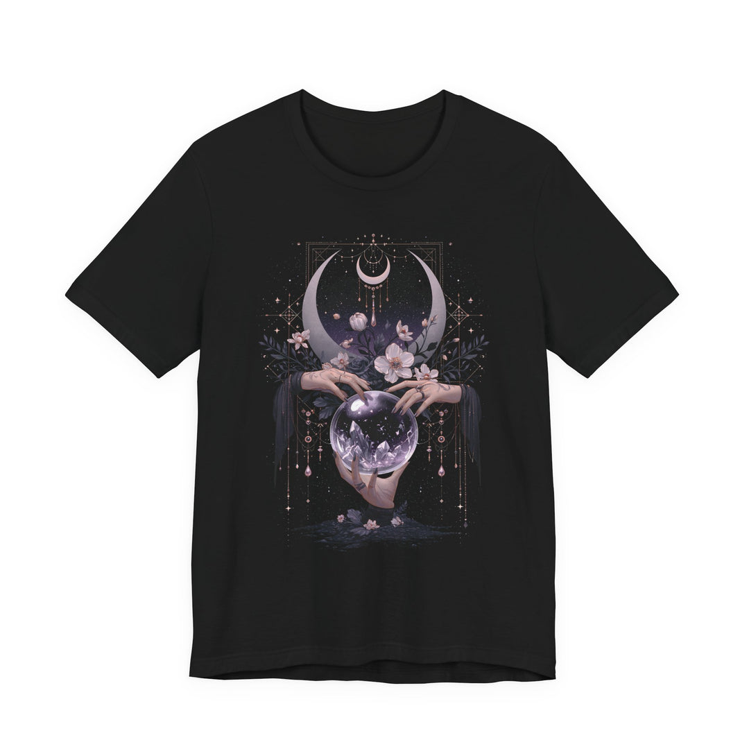 Mystic Moon Crystal Tee — Celestial Hands &amp; Crystal Ball Graphic T-Shirt
