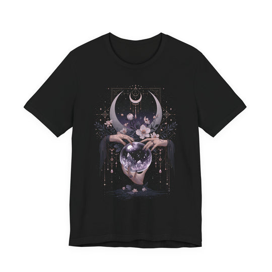 Mystic Moon Crystal Tee — Celestial Hands &amp; Crystal Ball Graphic T-Shirt
