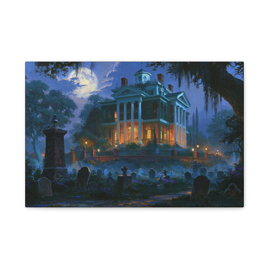 Haunted Southern Mansion Matte Canvas Wall Art — Spooky Night Cemetery Print Matte Stretched Canvas Wall Art