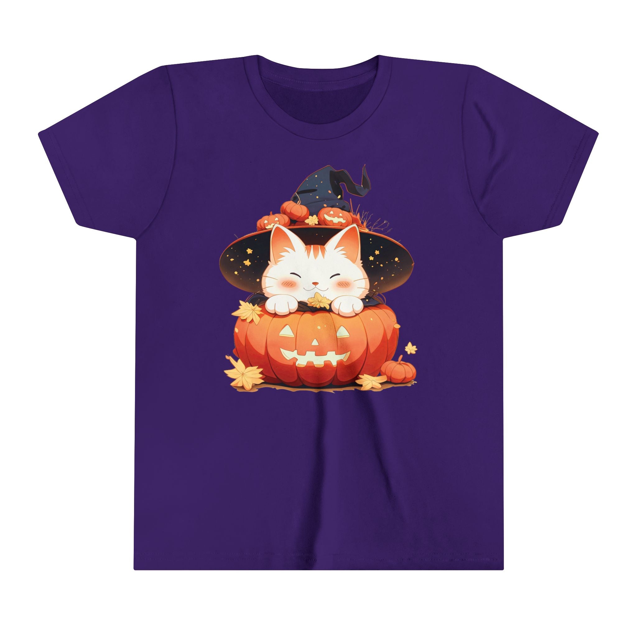 Cute Kitty Pumpkin Witch Girls Halloween Short Sleeve Tee