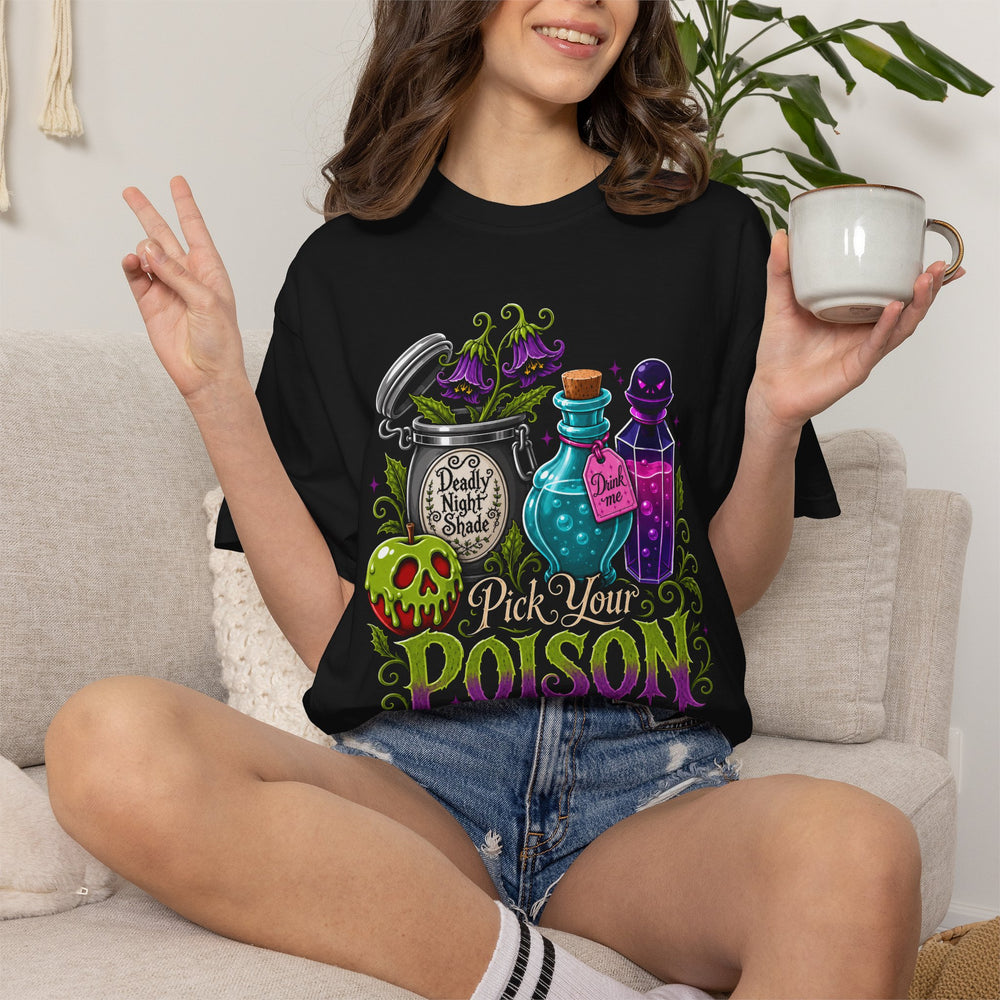 Pick Your Poison Womens WUNDERLAND Halloween Booteek Short Sleeve Tee