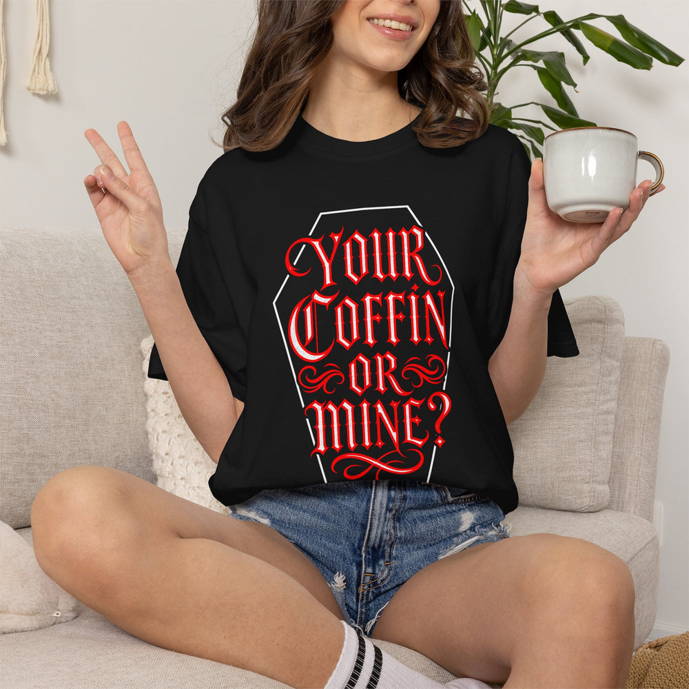 "Your Coffin or Mine?" Gothic Coffin Womens WUNDERLAND Halloween Booteek Short Sleeve Tee