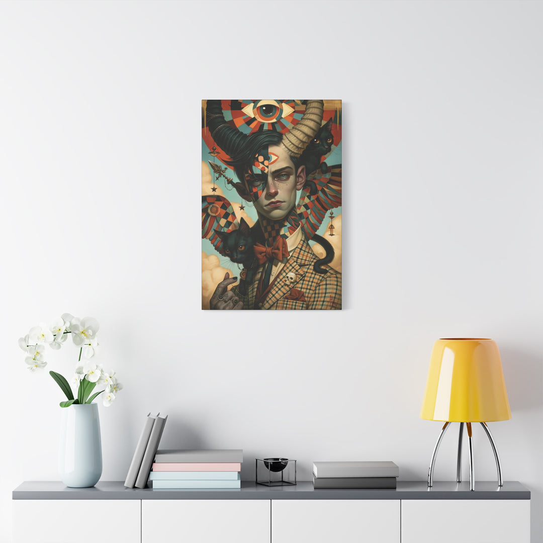 Surreal Gentleman Portrait Matte Canvas Wall Art — Horned Man with Black Cats