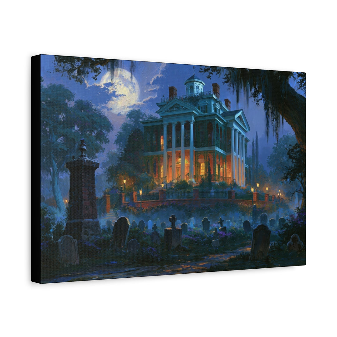 Haunted Southern Mansion Matte Canvas Wall Art — Spooky Night Cemetery Print Matte Stretched Canvas Wall Art