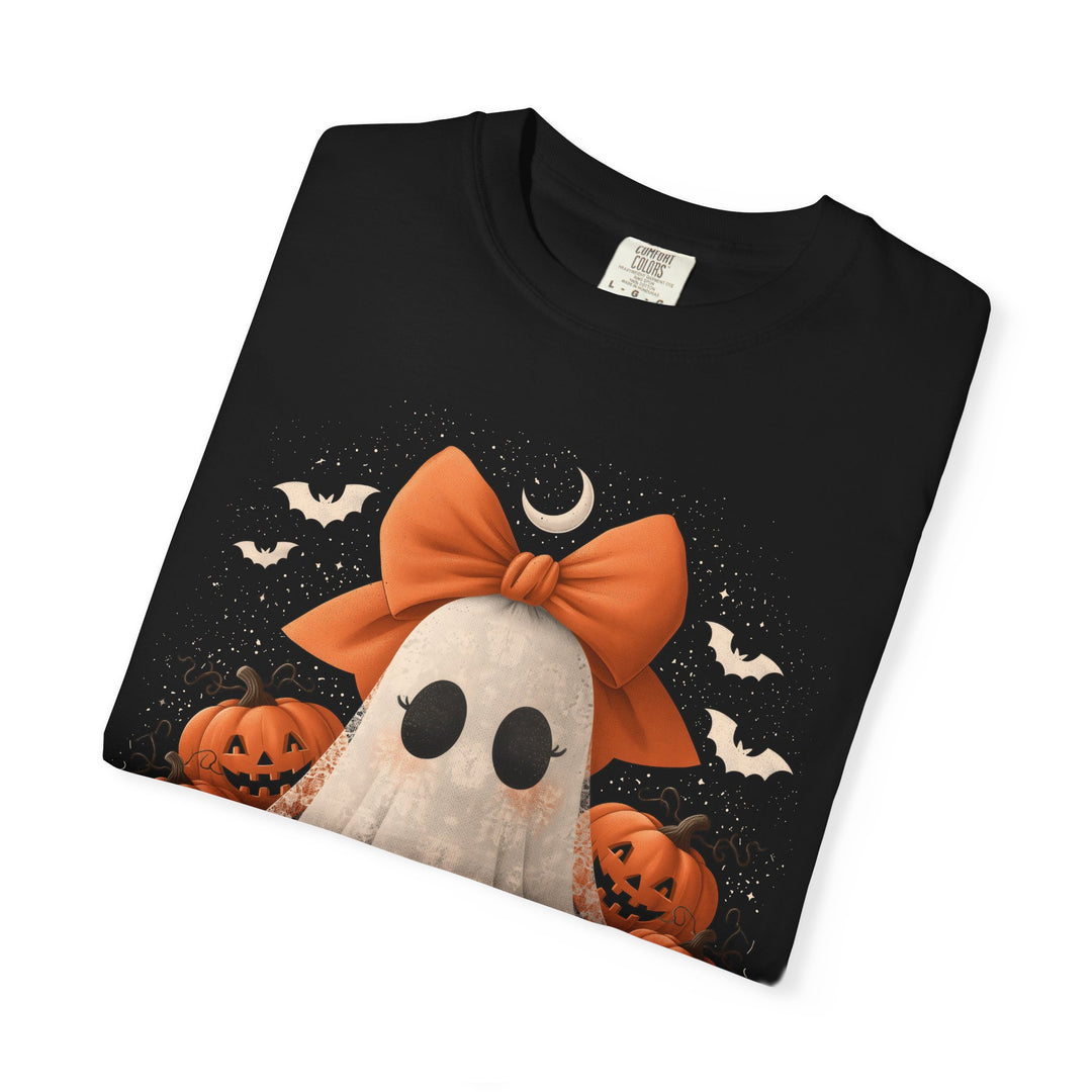 Cute Lace Ghost with Pumpkins &amp; Bow Womens WUNDERLAND Halloween Booteek Short Sleeve Tee