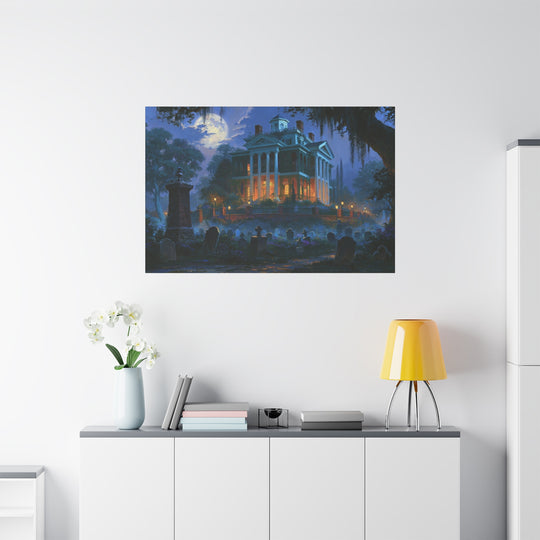 Haunted Southern Mansion Matte Canvas Wall Art — Spooky Night Cemetery Print Matte Stretched Canvas Wall Art