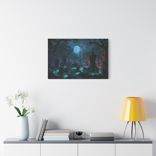 Haunted Crypts Spooky Night Cemetery Print Matte Stretched Canvas Wall Art