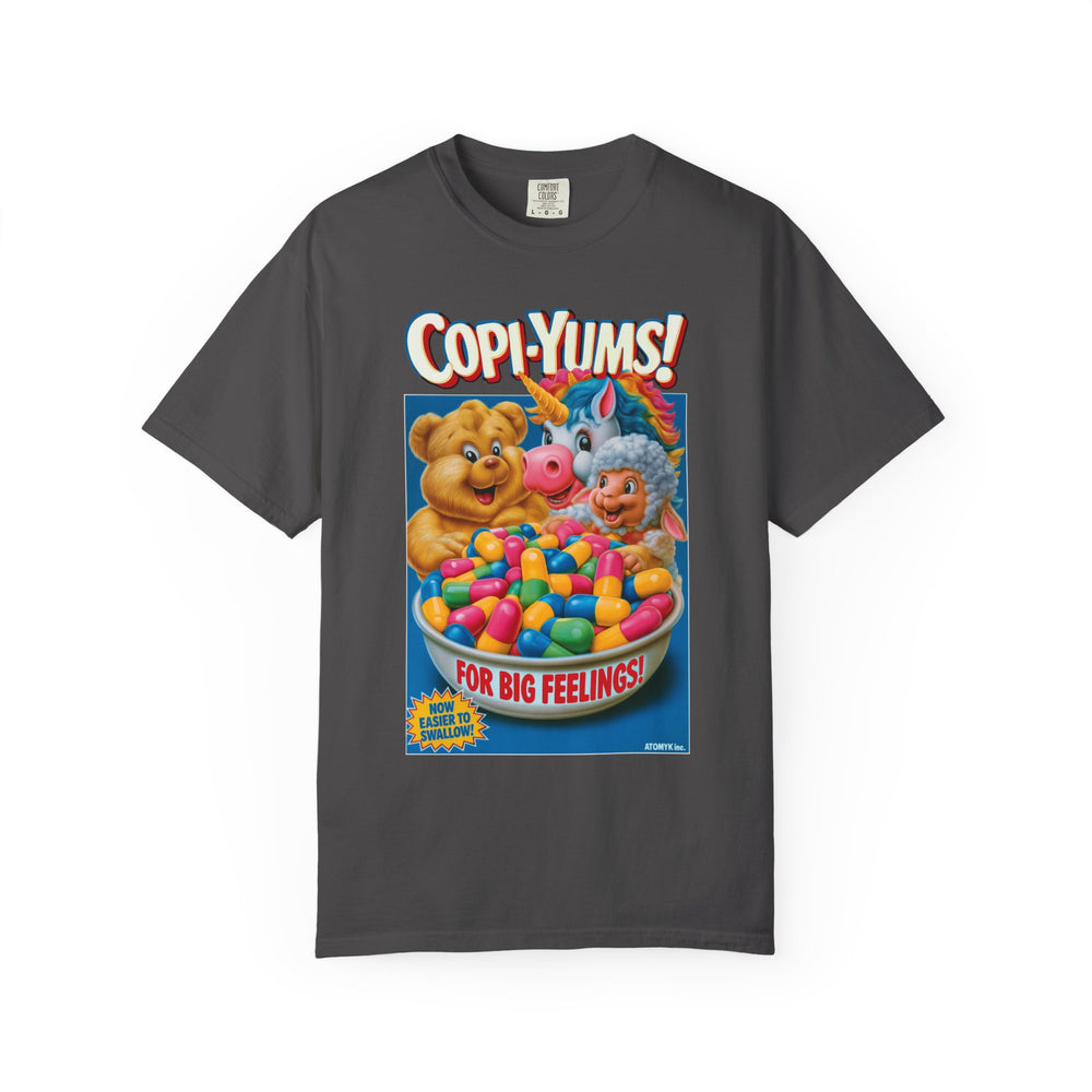 "Copi-Yums! For Big Feelings" Retro Cartoon Cereal Graphic Mens Skate ATOMYK Short Sleeve Tee