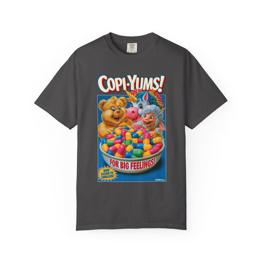 "Copi-Yums! For Big Feelings" Retro Cartoon Cereal Graphic Mens Skate ATOMYK Short Sleeve Tee