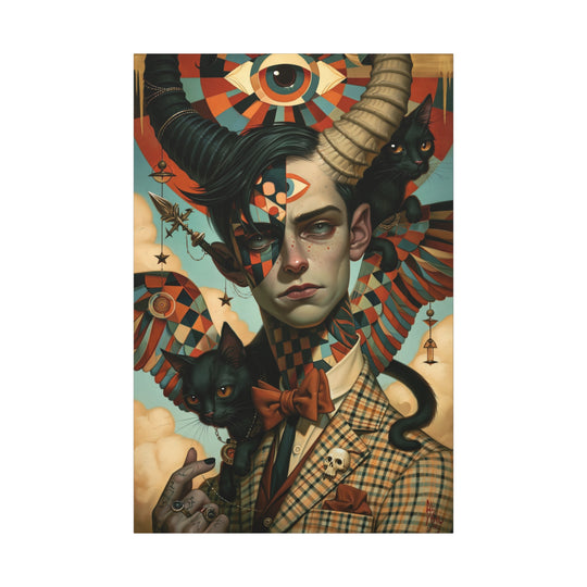 Surreal Gentleman Portrait Matte Canvas Wall Art — Horned Man with Black Cats